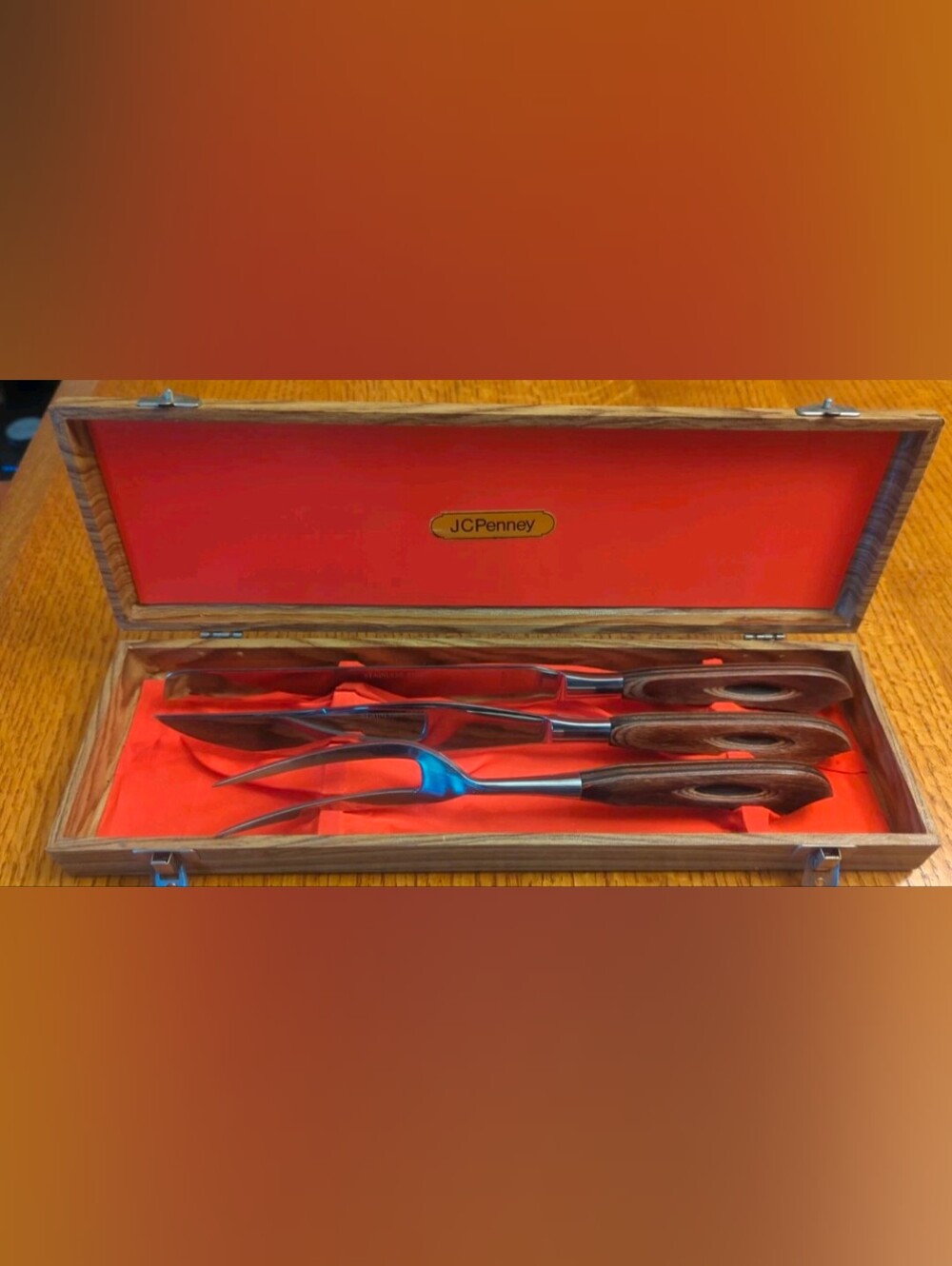 Vintage JC Penney Carving Set- Knifes & Fork with Wood Handles & Box